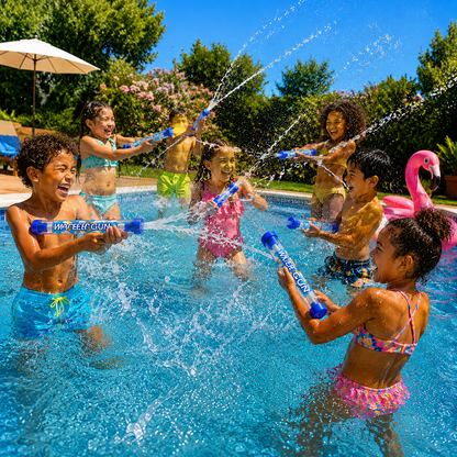 Enfants s'amusant avec des pistolets à eau à la piscine