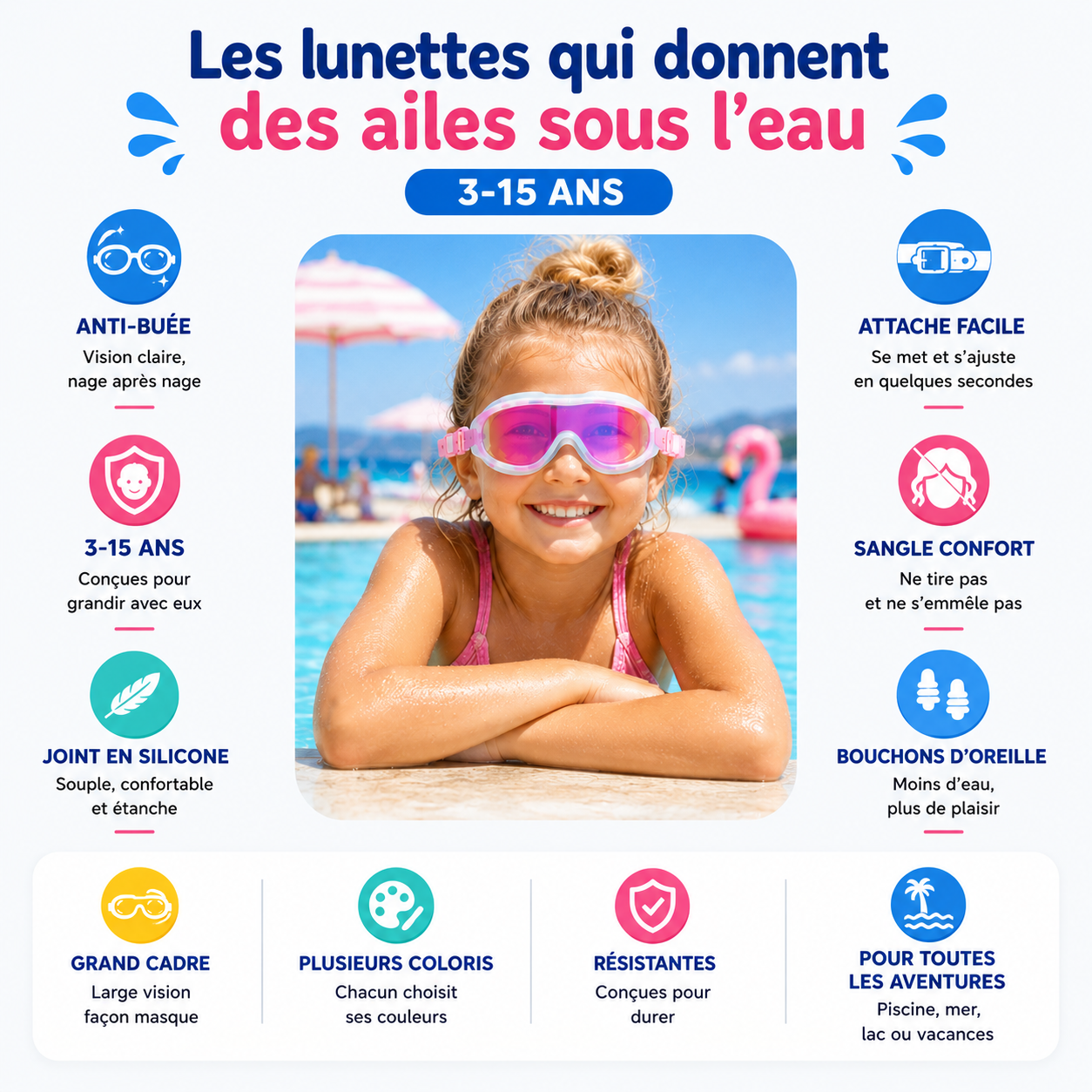 Lunettes de Natation Nairel | Enfant Anti-Buée 3-15 ans