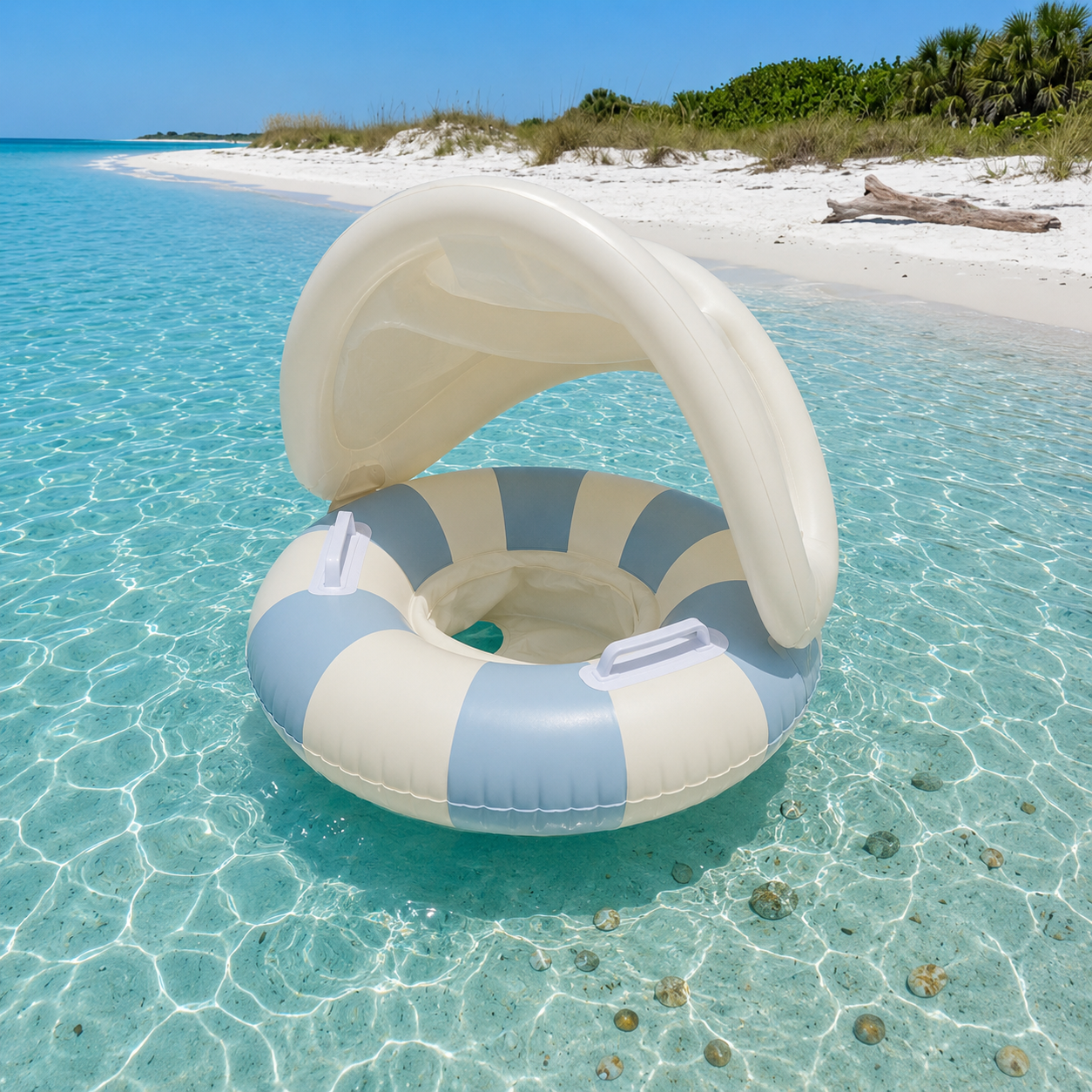 Gros plan d'une bouée bébé gonflable avec pare-soleil aux tons bleu pastel