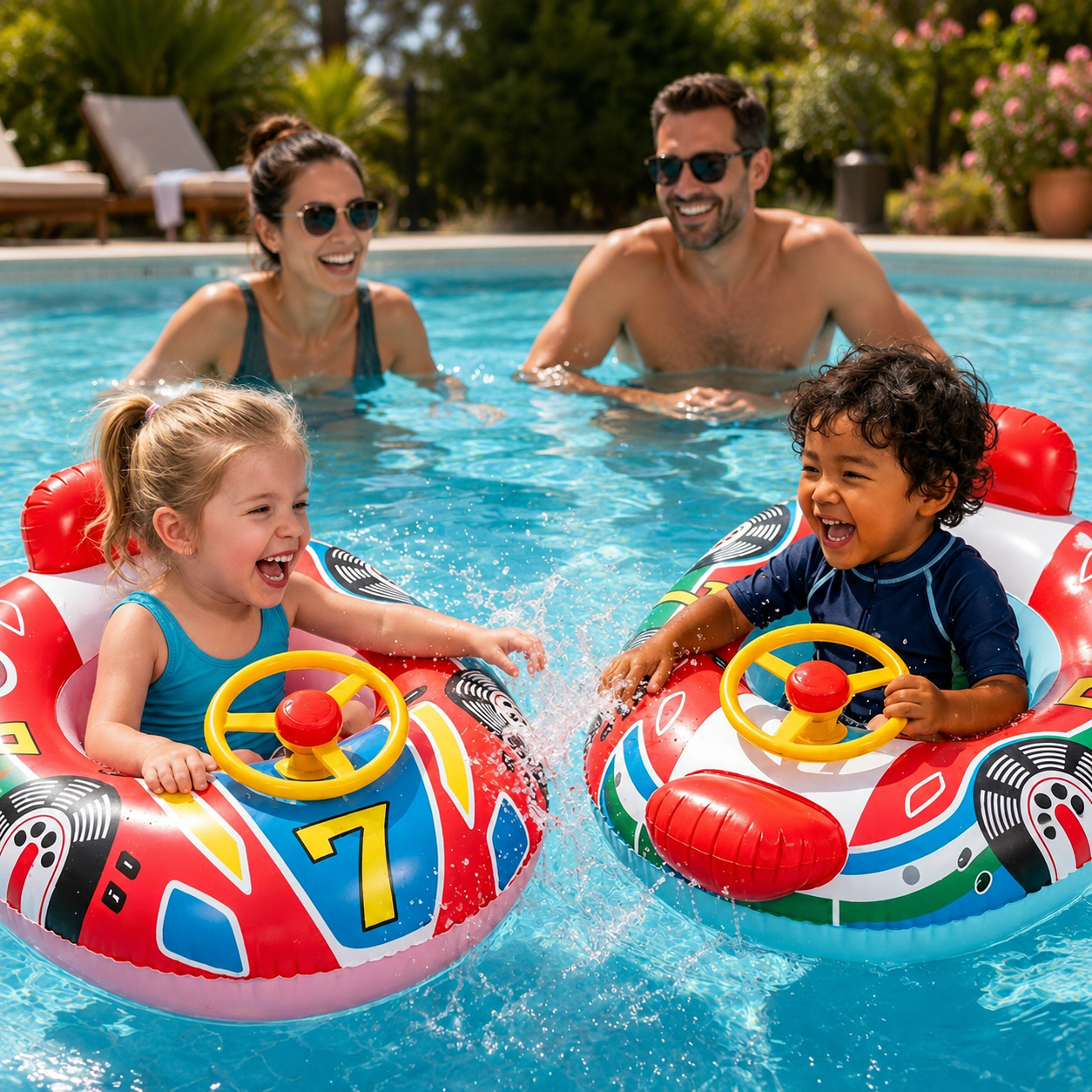 Deux enfants jouant dans des bouées voiture gonflables à la piscine en famille