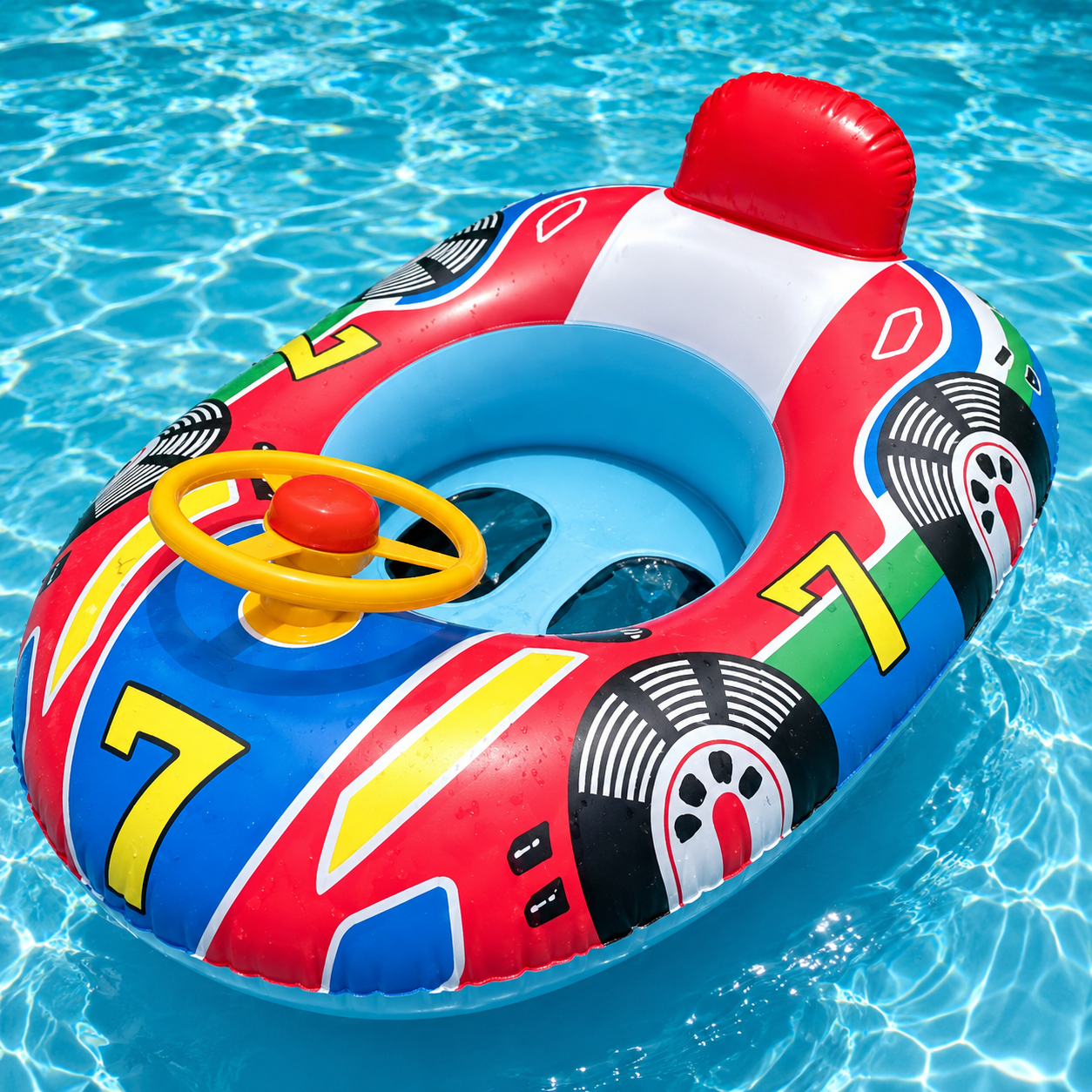 Bouée bébé gonflable en forme de voiture avec volant à la piscine