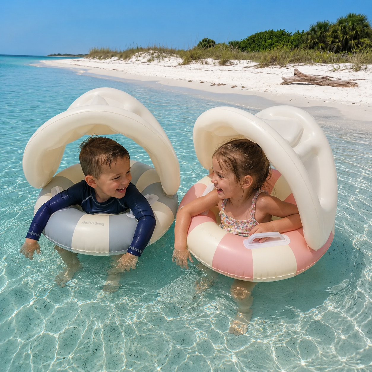 Bébé dans une bouée gonflable avec pare-soleil dans une piscine en été 