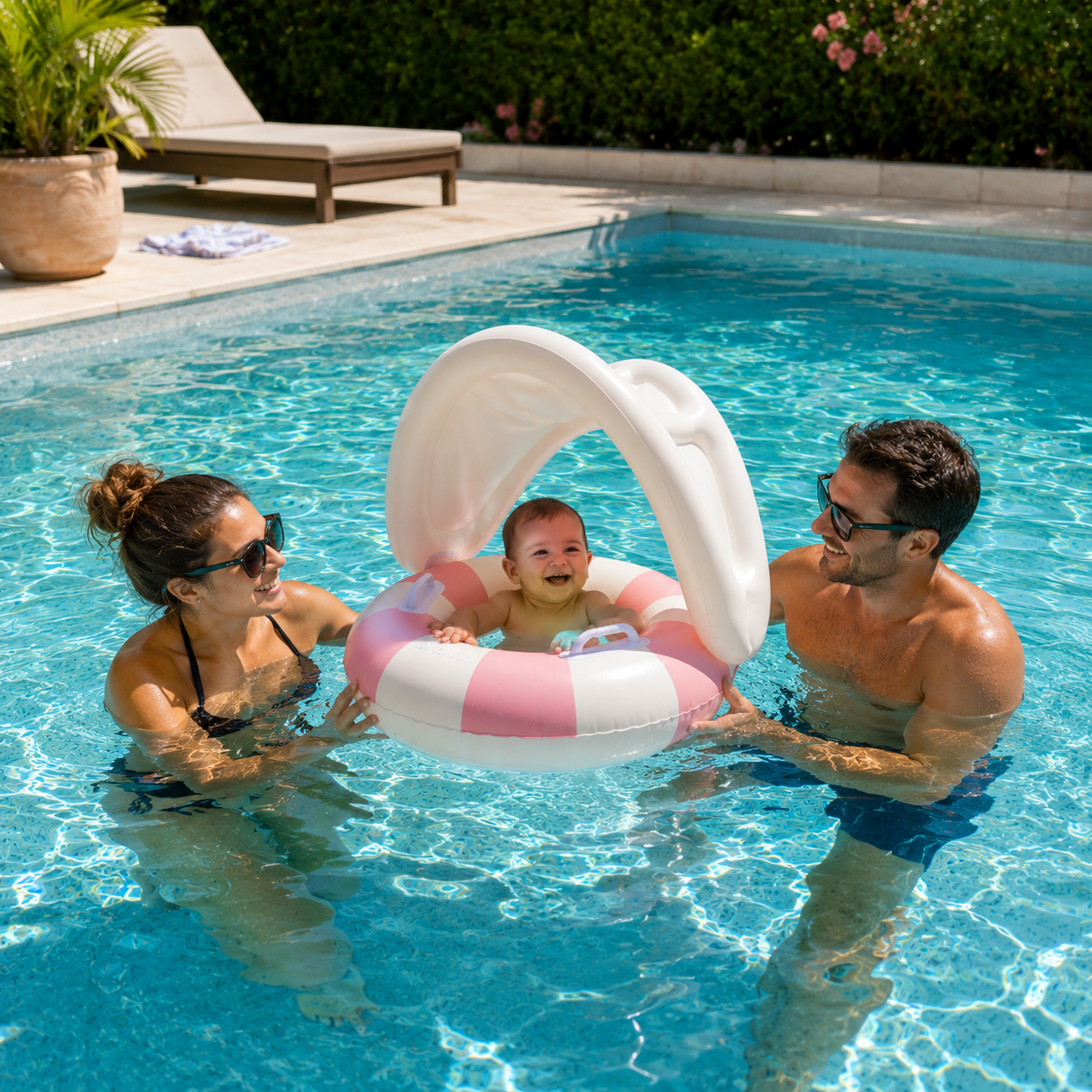 Bébé dans une bouée gonflable avec pare-soleil dans une piscine en été