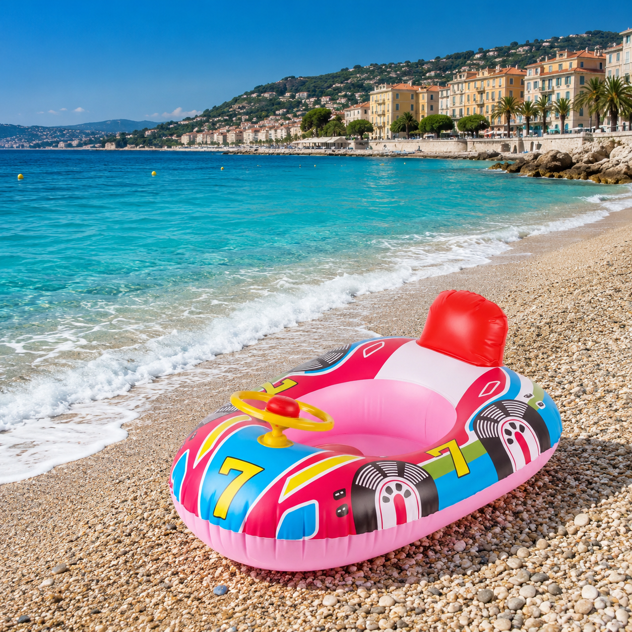 Bouée voiture gonflable pour bébé posée sur une plage de sable