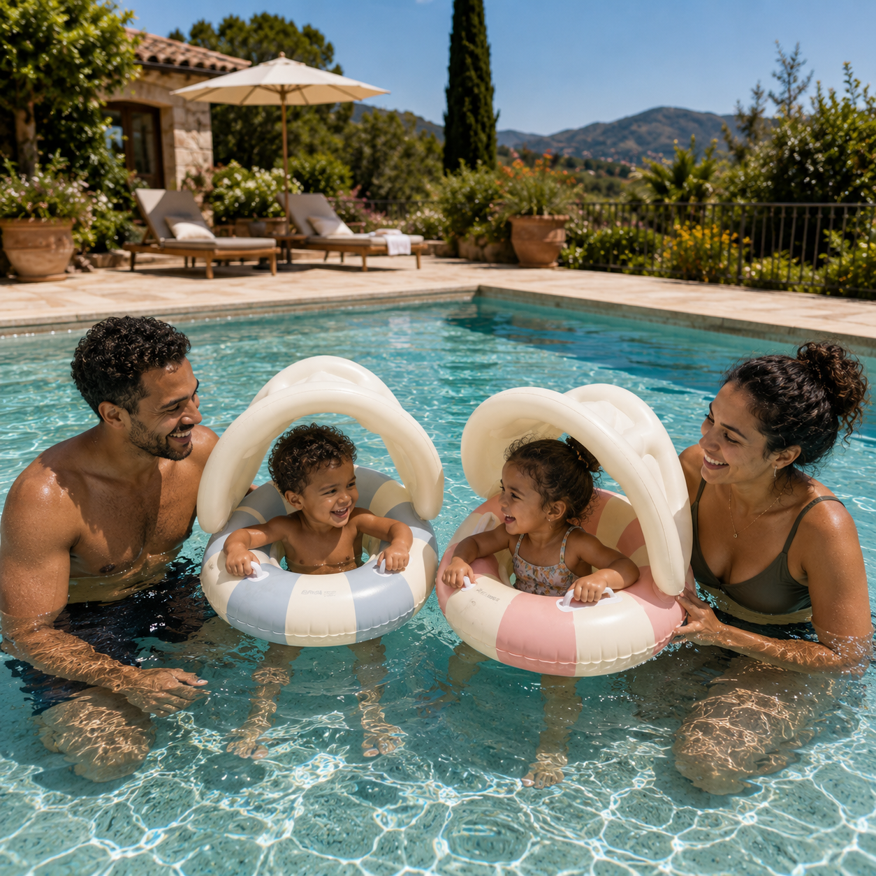 Bébé dans une bouée à pare-soleil entouré de ses parents dans la piscine