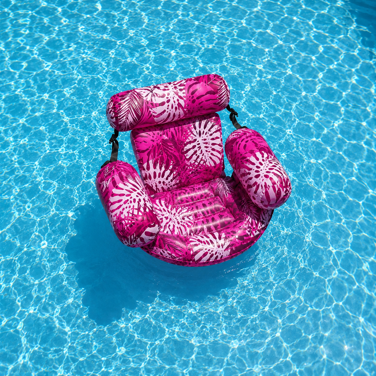 Fauteuil aquatique gonflable rose motif feuilles flottant dans une piscine