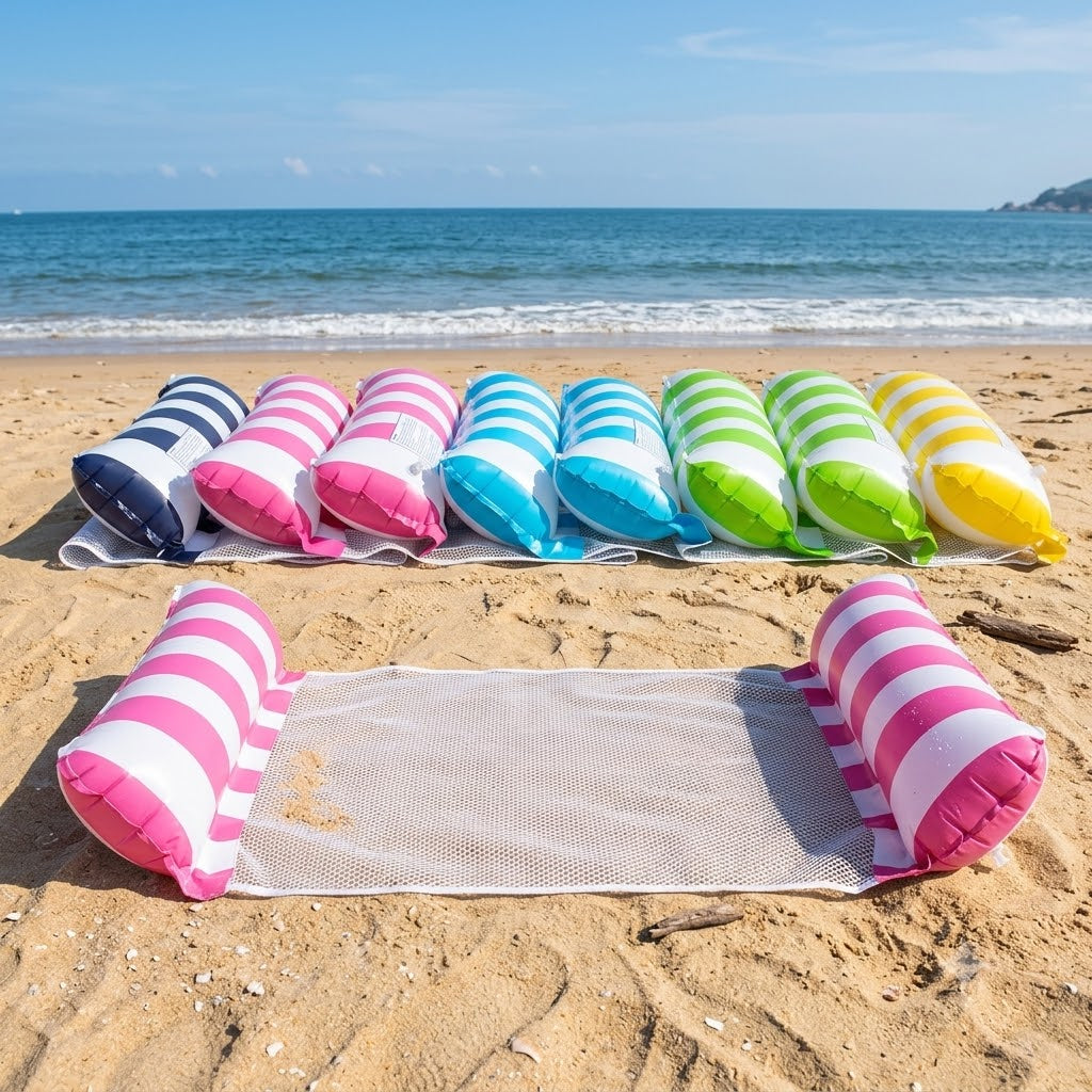 Hamacs de piscine gonflables alignés sur le sable en plusieurs coloris
