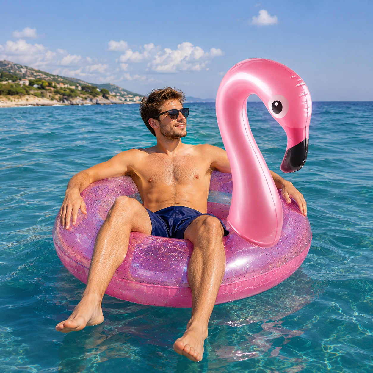 Adulte installé dans une bouée flamant rose gonflable