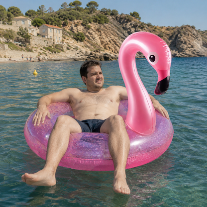Adulte installé dans une bouée flamant rose gonflable à la mer