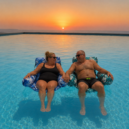 Fauteuils aquatiques gonflables dans l'eau au coucher du soleil
