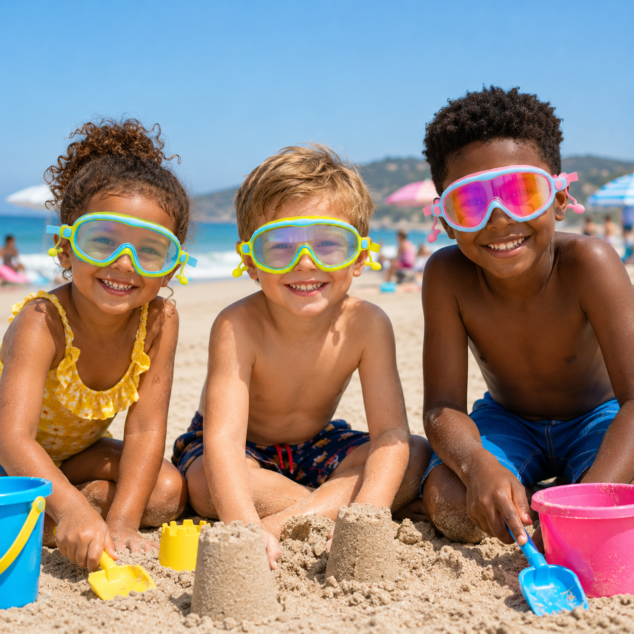 Trois enfants portant des lunettes de natation colorées à la plage
