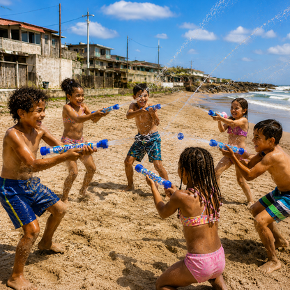Enfants jouant au pistolet à eau au bord de la mer