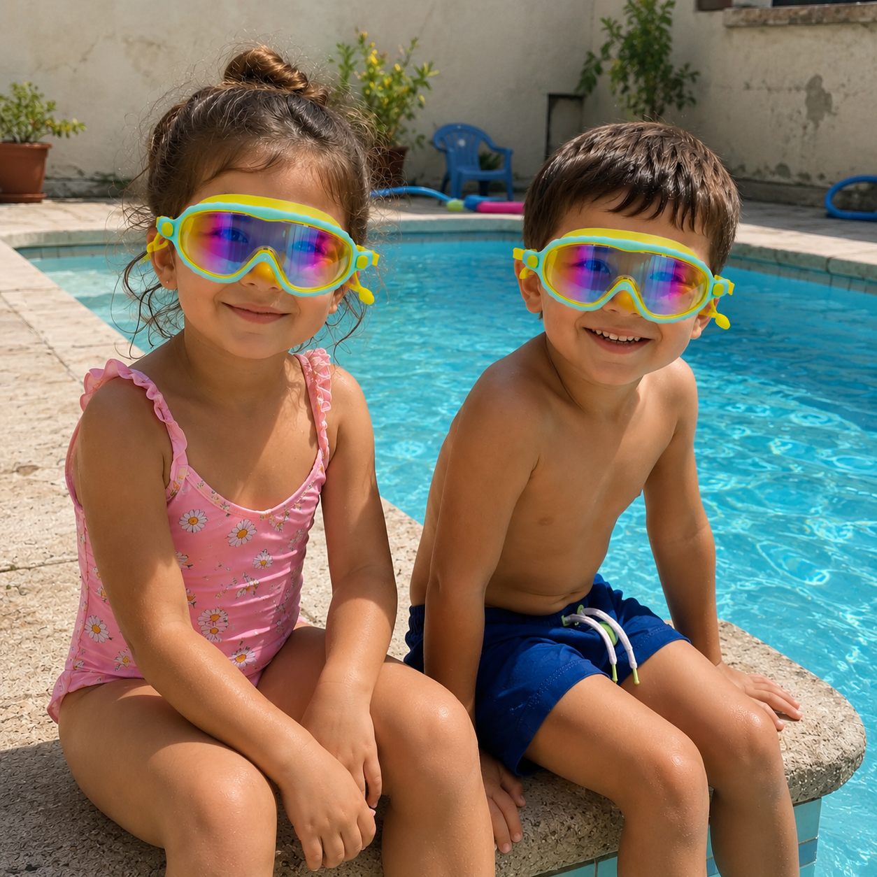 Enfants portant des lunettes de natation au bord d'une piscine