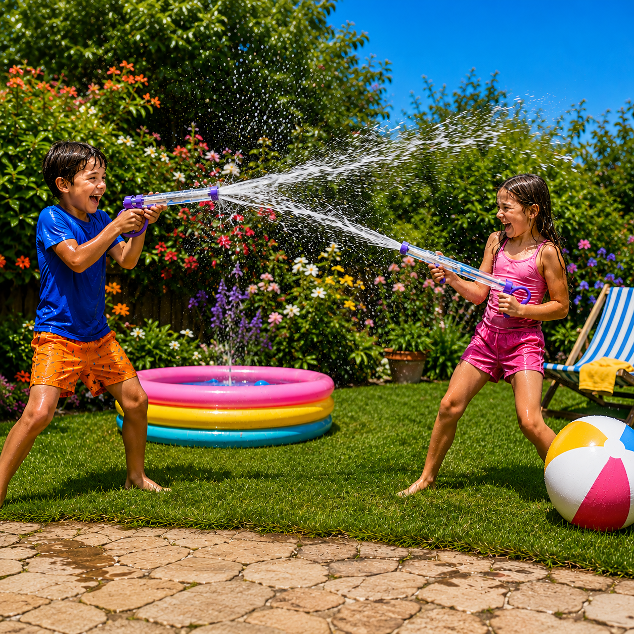 Enfant arrosant avec un pistolet à eau dans un jardin