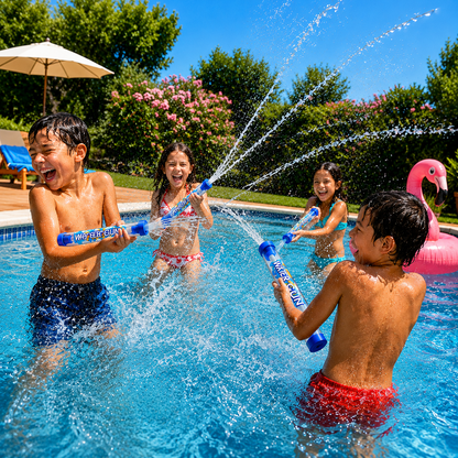 Enfants projetant des jets d'eau avec leurs pistolets à la piscine