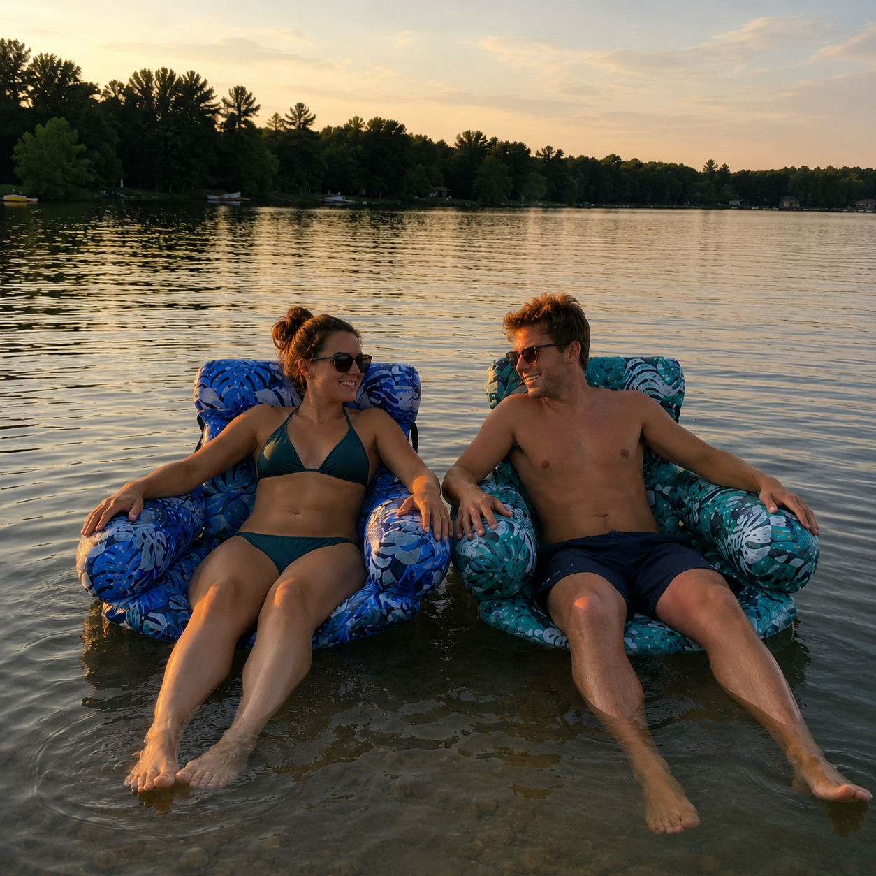 Couple sur des fauteuils aquatiques gonflables dans un lac au coucher du soleil