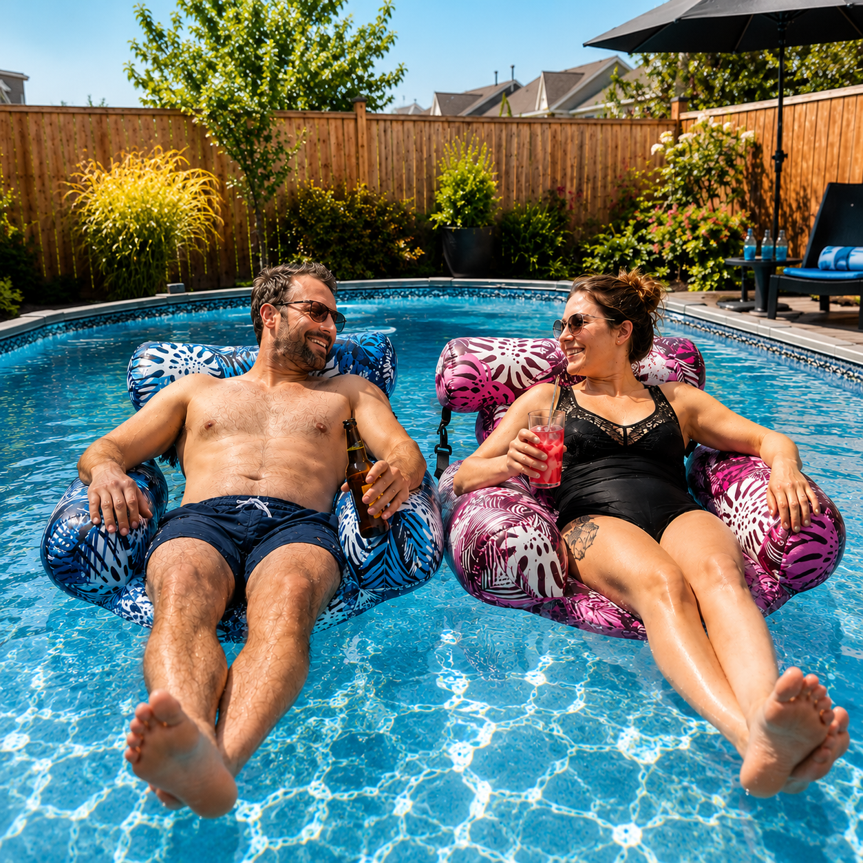 Homme et femme allongés sur des fauteuils aquatiques gonflables à la piscine