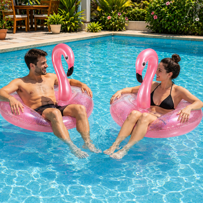 Couple profitant de bouées flamant rose gonflables dans une piscine