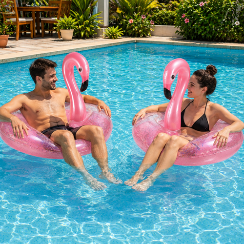 Couple profitant de bouées flamant rose gonflables dans une piscine