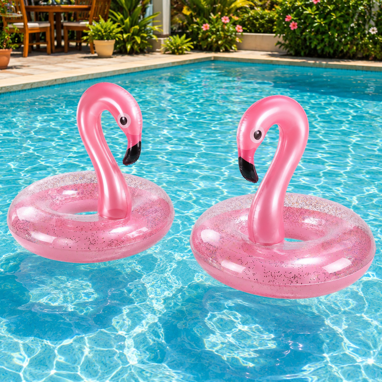 Bouée flamant rose gonflable géante flottant dans une piscine