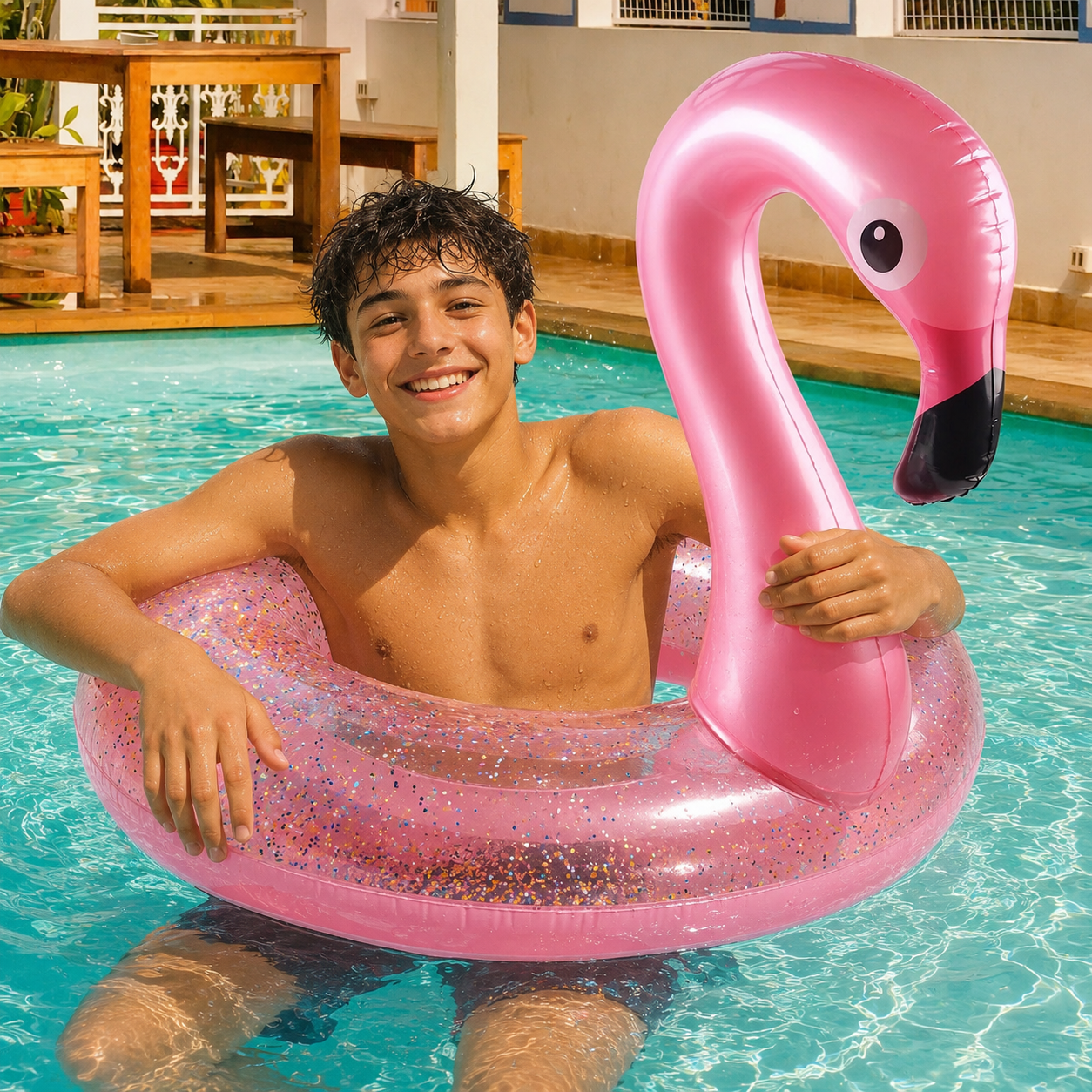 Adolescent dans une bouée flamant rose gonflable à la piscine