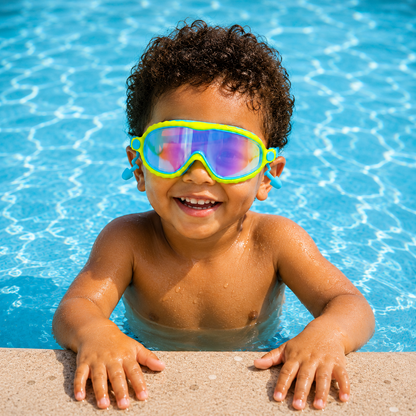 Enfant portant des lunettes de natation grand cadre dans une piscine