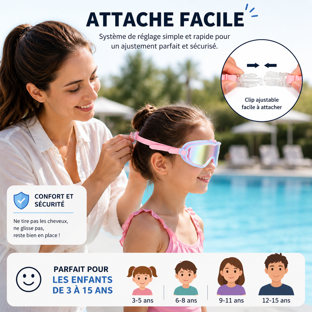 Lunettes de natation enfant faciles à attacher et à ajuster