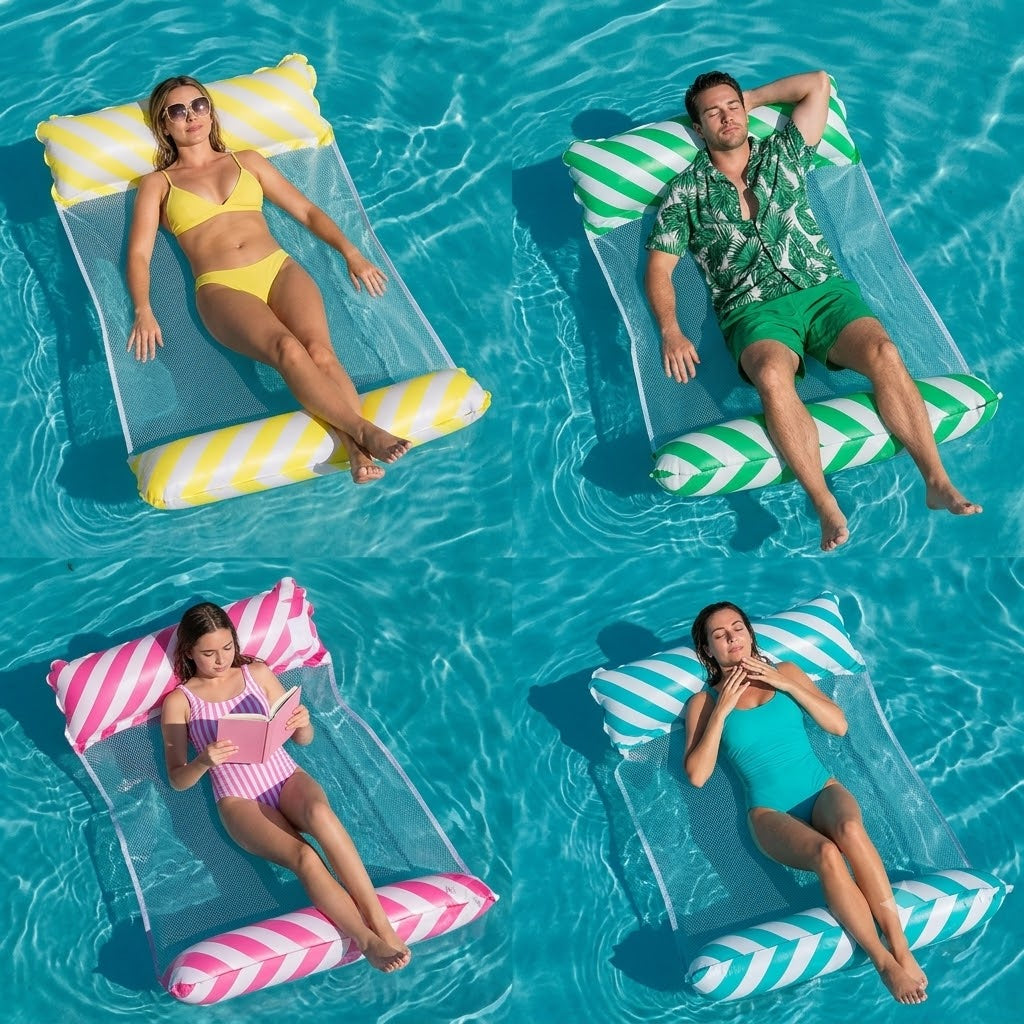 Quatre hamacs de piscine gonflables coloris bleu, vert et rose dans l'eau