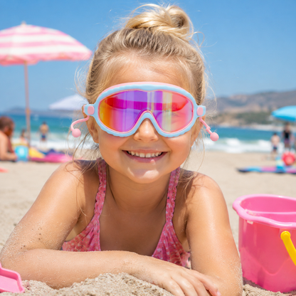 Petite fille portant des lunettes de natation roses à la piscine
