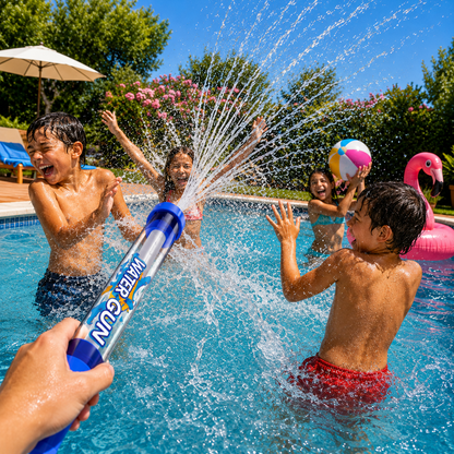 Enfants jouant avec des pistolets à eau dans une piscine en été