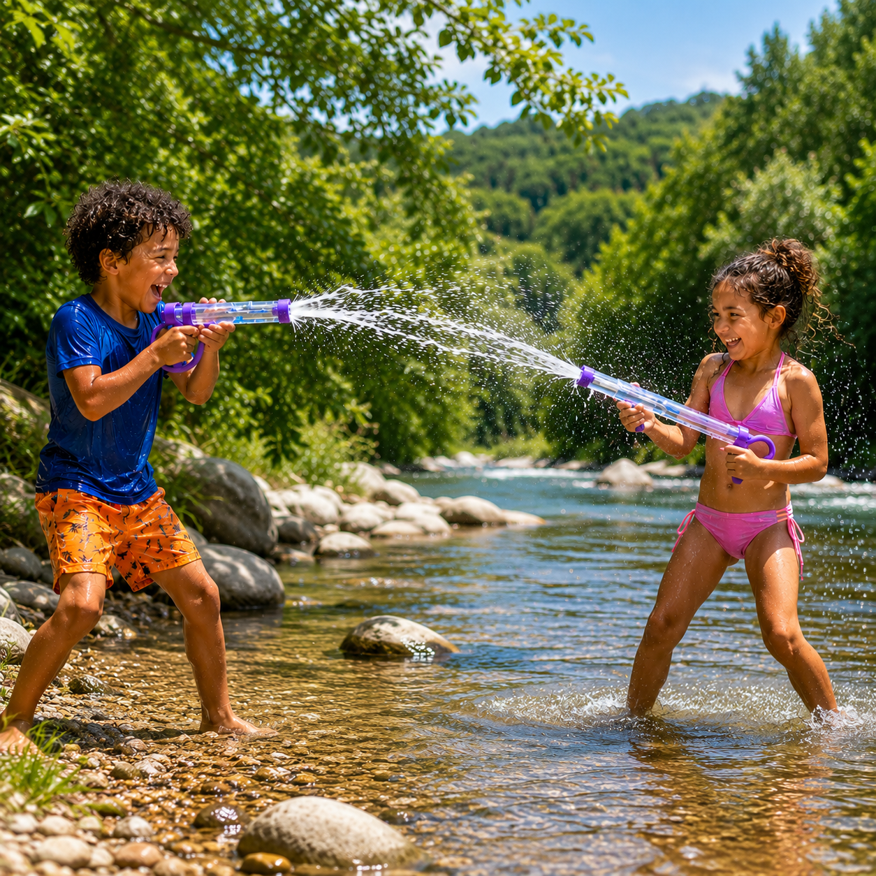 Enfant utilisant un pistolet à eau au bord d'un lac