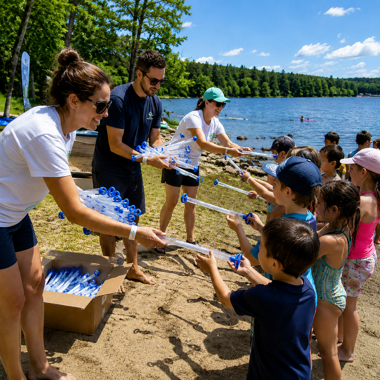 Famille jouant avec des pistolets à eau au bord de l'eau