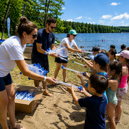 Famille jouant avec des pistolets à eau au bord de l'eau